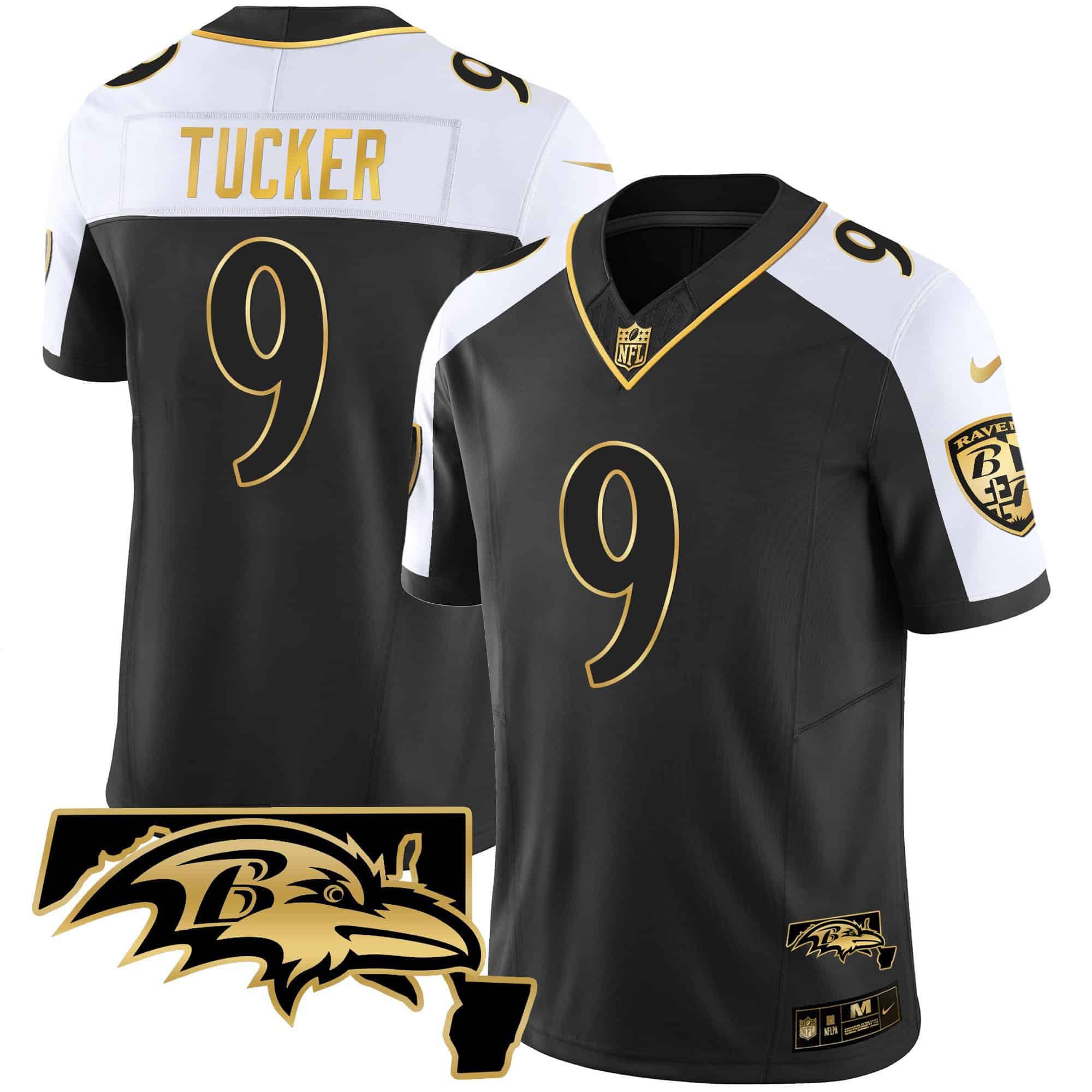 Men Baltimore Ravens #9 Tucker Black Gold 2024 Nike Maryland Patch Vapor Limited NFL Jersey